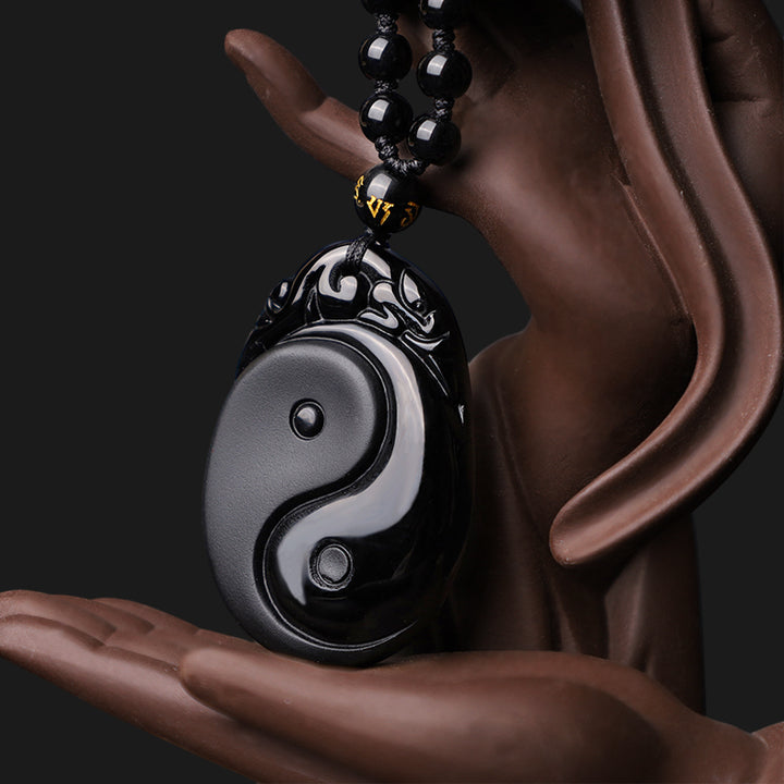 Buddha Stones Natural Black Obsidian Yin Yang Fulfilment Strength Necklace Pendant - image 3