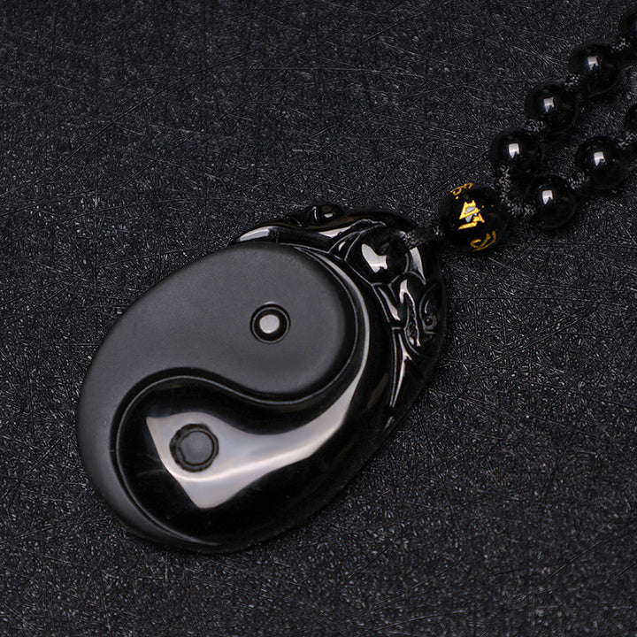 Buddha Stones Natural Black Obsidian Yin Yang Fulfilment Strength Necklace Pendant - image 5