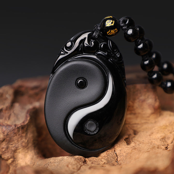 Buddha Stones Natural Black Obsidian Yin Yang Fulfilment Strength Necklace Pendant - image 2