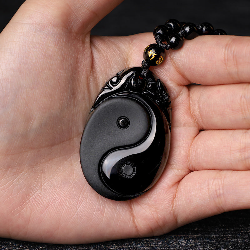 Buddha Stones Natural Black Obsidian Yin Yang Fulfilment Strength Necklace Pendant - image 7
