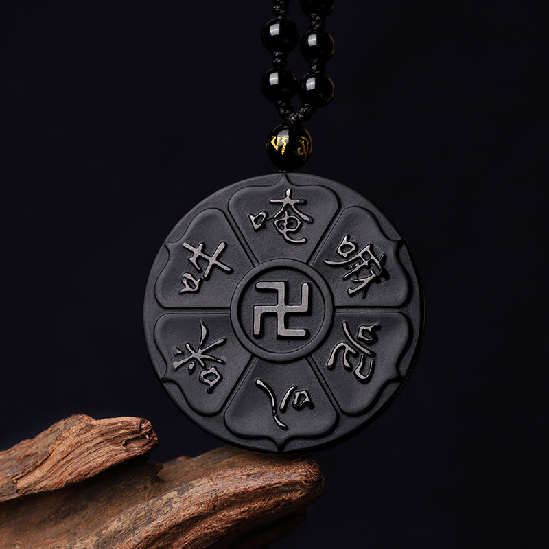Buddha Stones Natural Black Obsidian Tibetan Om Mani Padme Hum Buddha Swastika Luck Necklace Pendant - Om Mani Padme Hum(Love♥Focus) - image 0