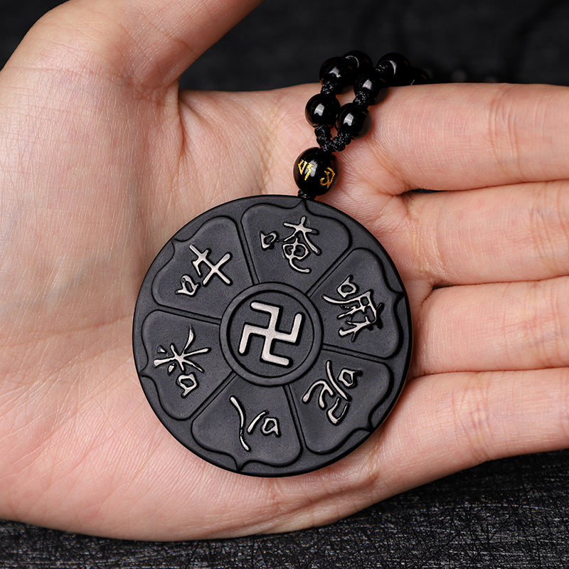 Buddha Stones Natural Black Obsidian Tibetan Om Mani Padme Hum Buddha Swastika Luck Necklace Pendant - image 7