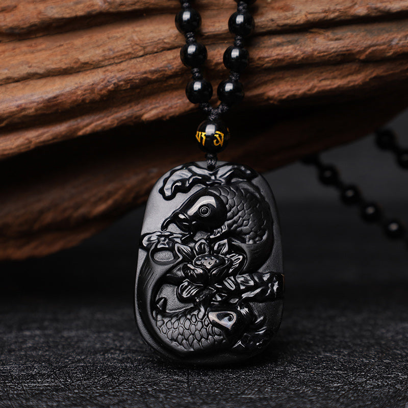 Buddha Stones Natural Black Obsidian Koi Fish Lotus Strength Beaded Necklace Pendant - image 1