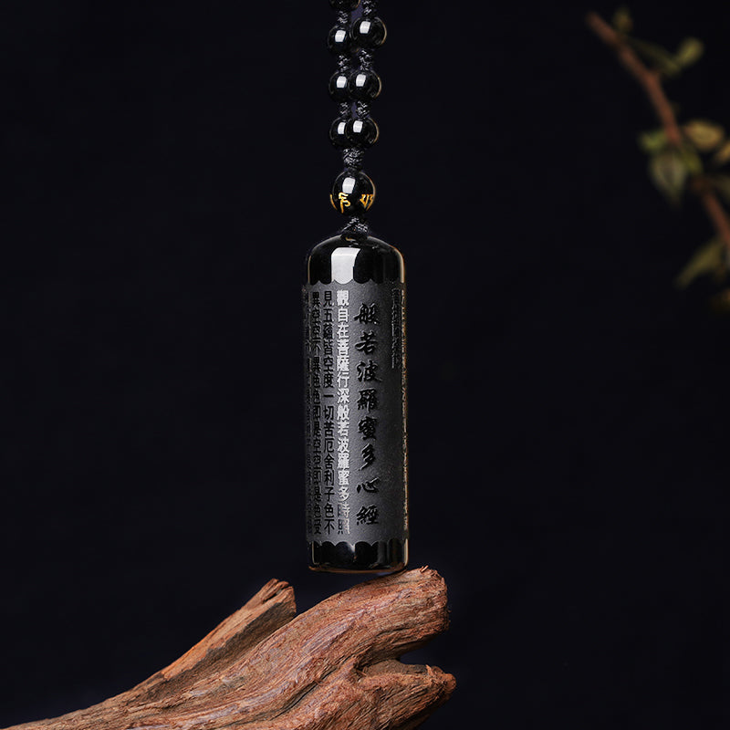 Buddha Stones Natural Black Obsidian Heart Sutra Purification Necklace Pendant - image 2