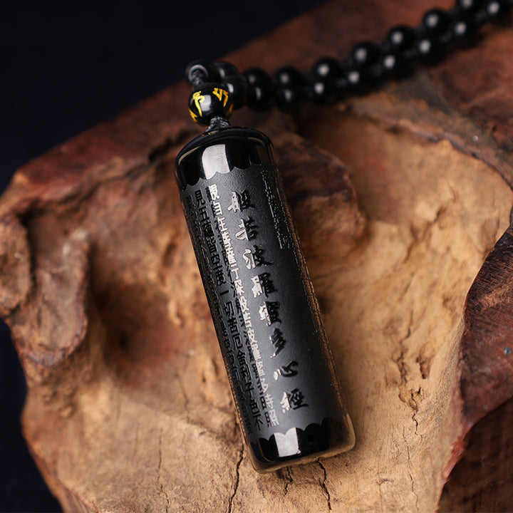 Buddha Stones Natural Black Obsidian Heart Sutra Purification Necklace Pendant - image 3