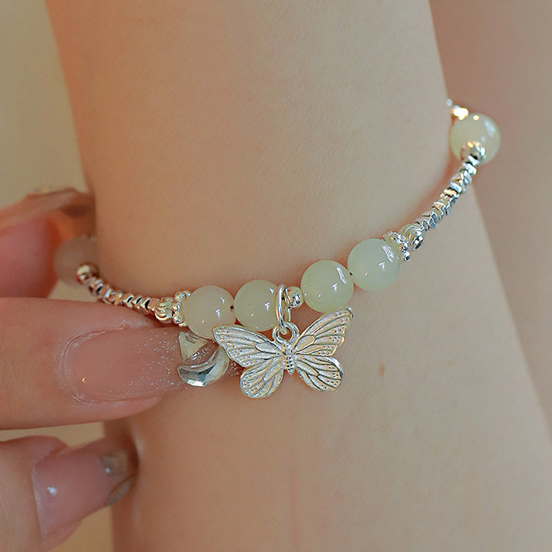 Buddha Stones 925 Sterling Silver Natural Hetian Jade Luck Butterfly Charm Bracelet - image 4