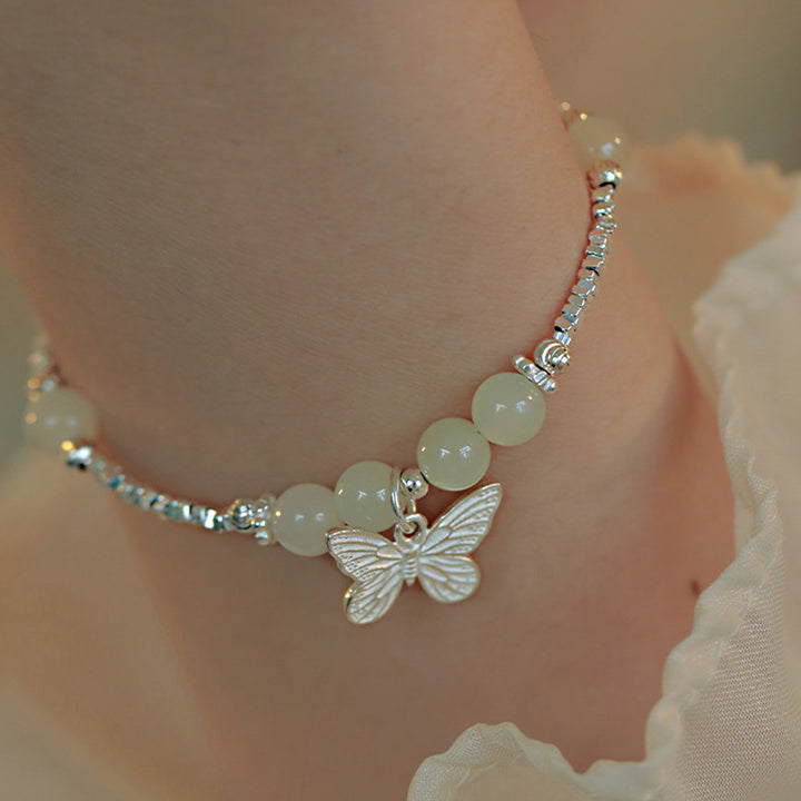 Buddha Stones 925 Sterling Silver Natural Hetian Jade Luck Butterfly Charm Bracelet - image 3