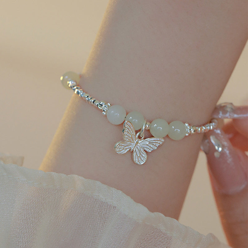 Buddha Stones 925 Sterling Silver Natural Hetian Jade Luck Butterfly Charm Bracelet - image 1