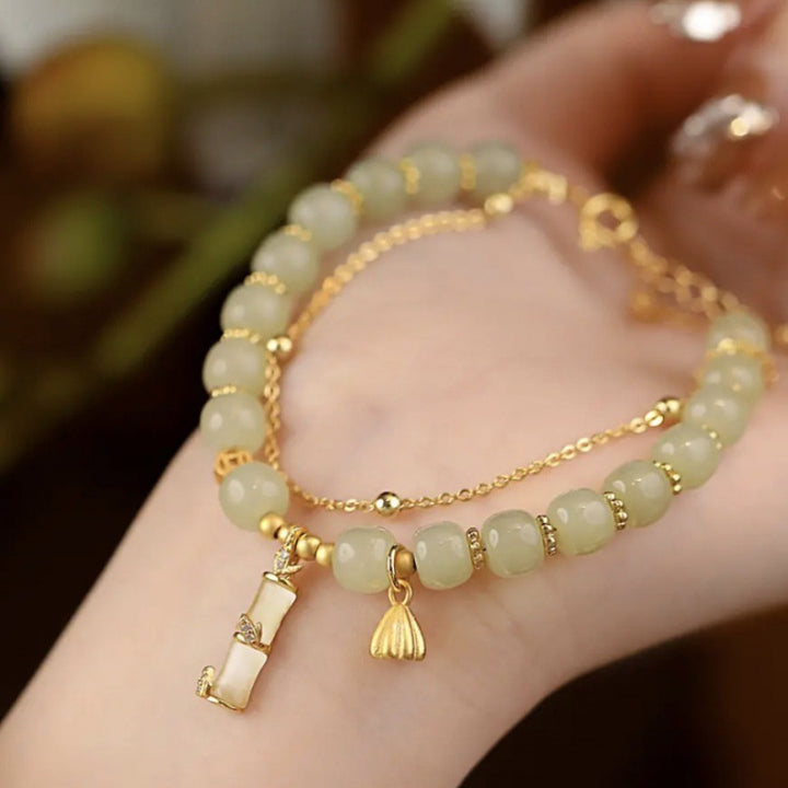 Buddha Stones Natural Hetian Jade Prosperity Lotus Bamboo Charm Bracelet - image 1