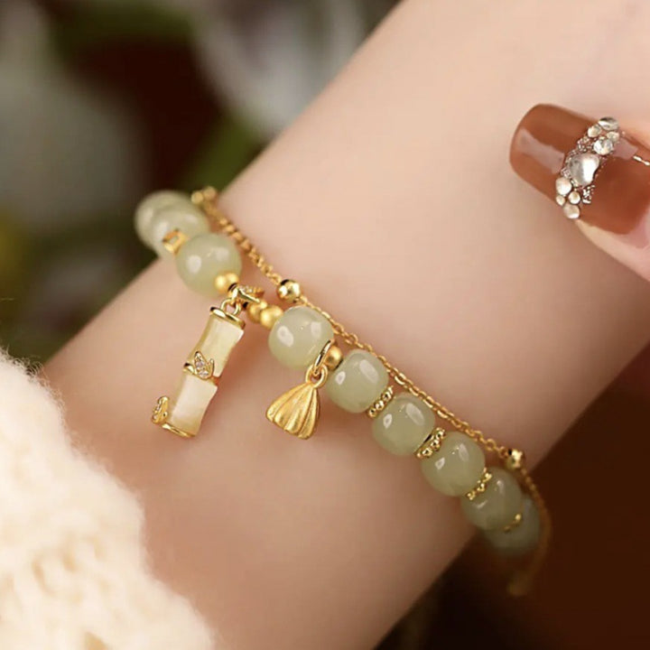 Buddha Stones Natural Hetian Jade Prosperity Lotus Bamboo Charm Bracelet - Hetian Jade(Wrist Circumference 14-16cm) - image 0