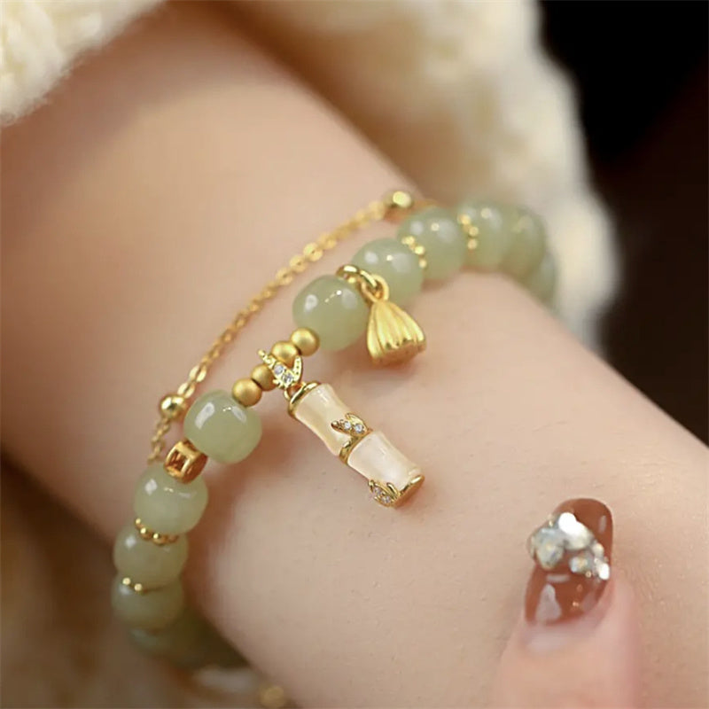 Buddha Stones Natural Hetian Jade Prosperity Lotus Bamboo Charm Bracelet - image 3