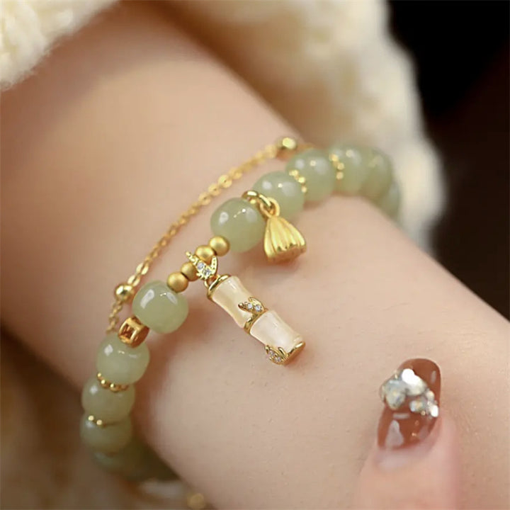 Buddha Stones Natural Hetian Jade Prosperity Lotus Bamboo Charm Bracelet - image 3