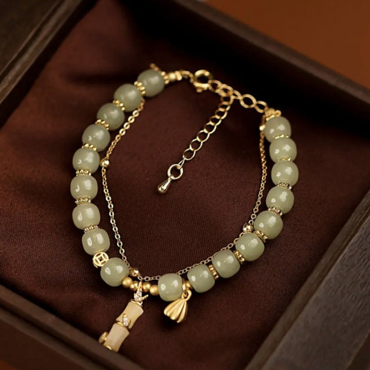Buddha Stones Natural Hetian Jade Prosperity Lotus Bamboo Charm Bracelet - image 2