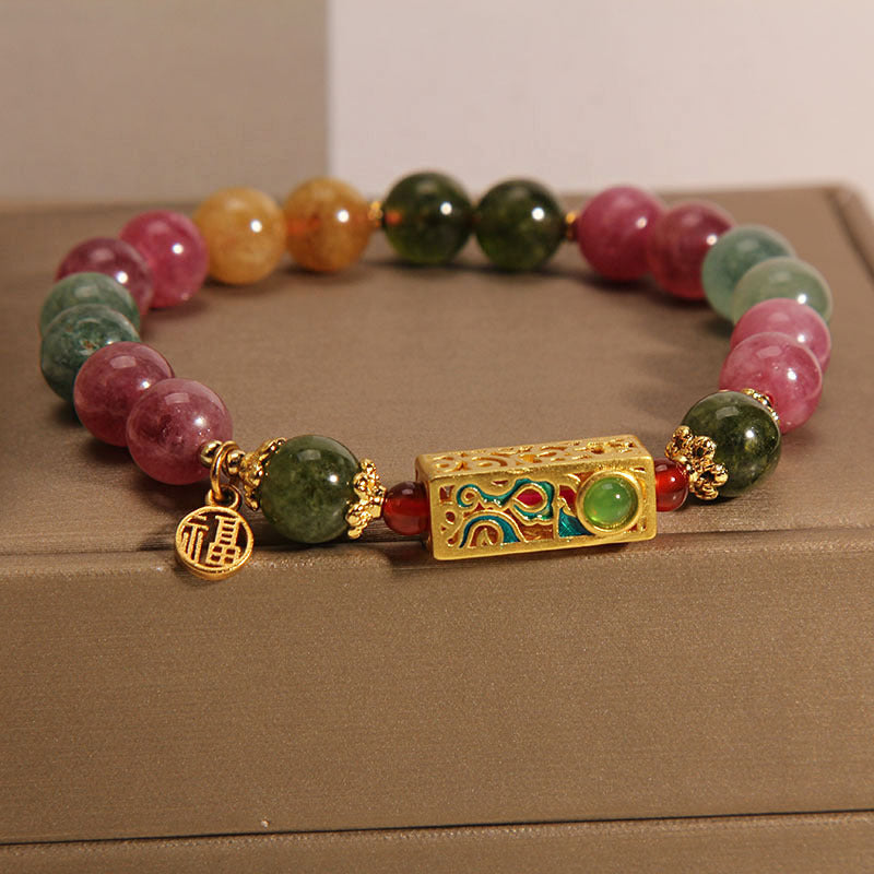 Buddha Stones Colorful Tourmaline Positive Fu Character Charm Bracelet - Tourmaline(Positive♥Love)(Wrist Circumference 14-16cm) - image 0
