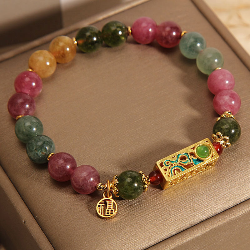 Buddha Stones Colorful Tourmaline Positive Fu Character Charm Bracelet - image 1