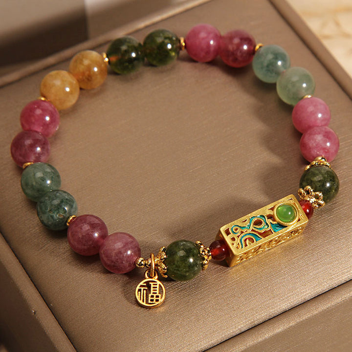 Buddha Stones Colorful Tourmaline Positive Fu Character Charm Bracelet - image 1