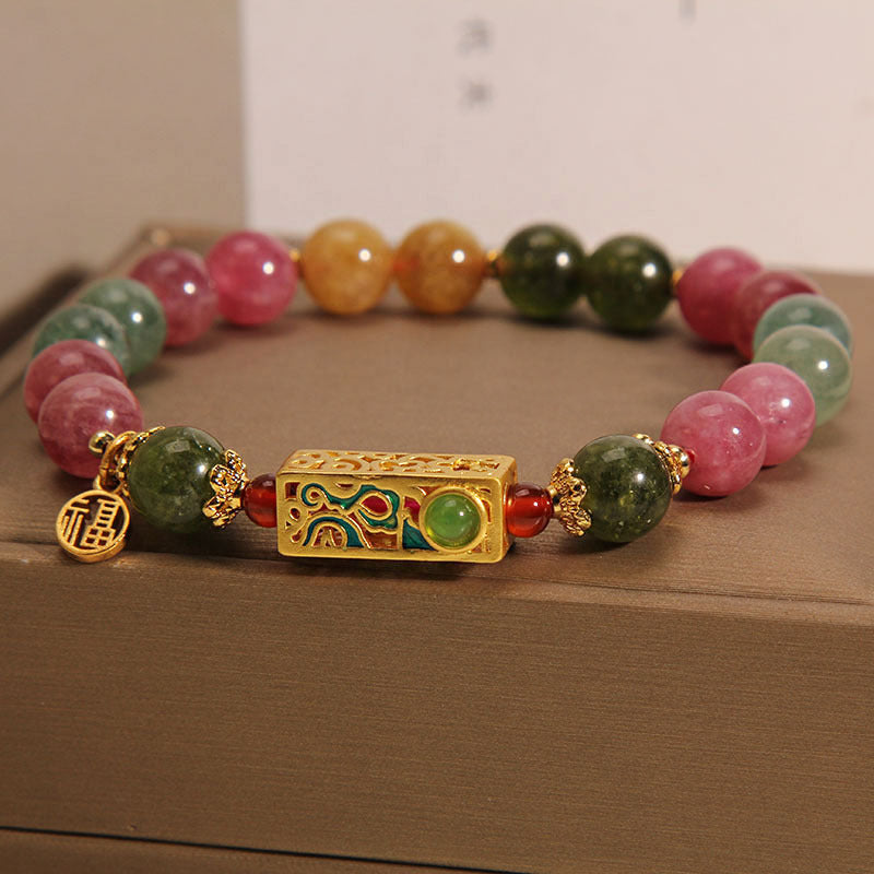 Buddha Stones Colorful Tourmaline Positive Fu Character Charm Bracelet - image 5