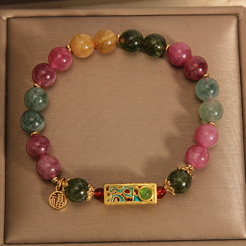 Buddha Stones Colorful Tourmaline Positive Fu Character Charm Bracelet - image 3