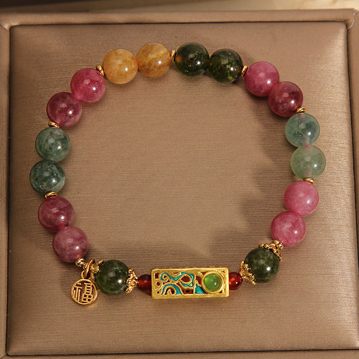 Buddha Stones Colorful Tourmaline Positive Fu Character Charm Bracelet - image 3