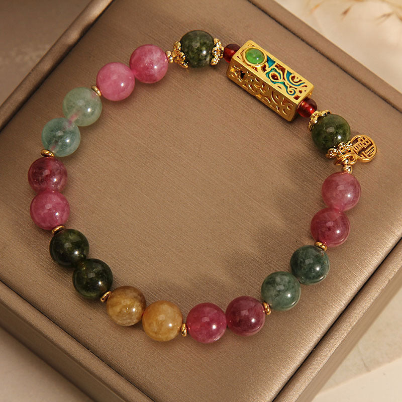 Buddha Stones Colorful Tourmaline Positive Fu Character Charm Bracelet - image 2