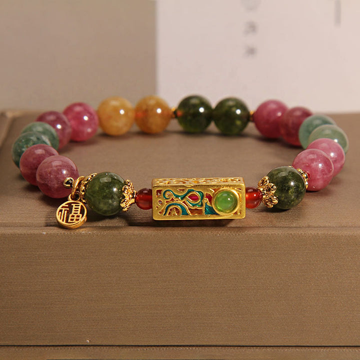 Buddha Stones Colorful Tourmaline Positive Fu Character Charm Bracelet - image 4