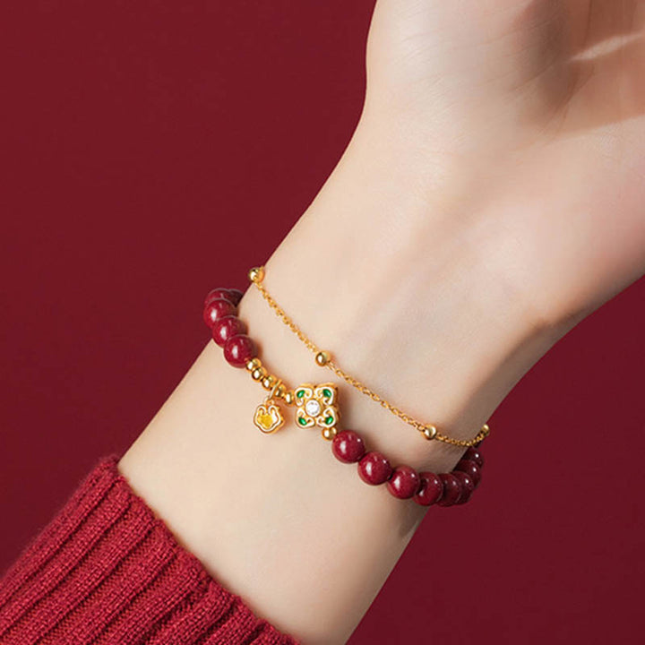 Buddha Stones 925 Sterling Silver Natural Cinnabar Four Leaf Clover Flower Blessing Chain Bracelet - image 5