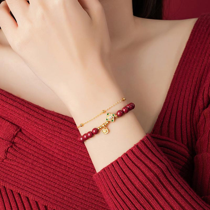 Buddha Stones 925 Sterling Silver Natural Cinnabar Four Leaf Clover Flower Blessing Chain Bracelet - image 6