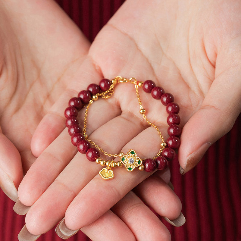 Buddha Stones 925 Sterling Silver Natural Cinnabar Four Leaf Clover Flower Blessing Chain Bracelet - image 7