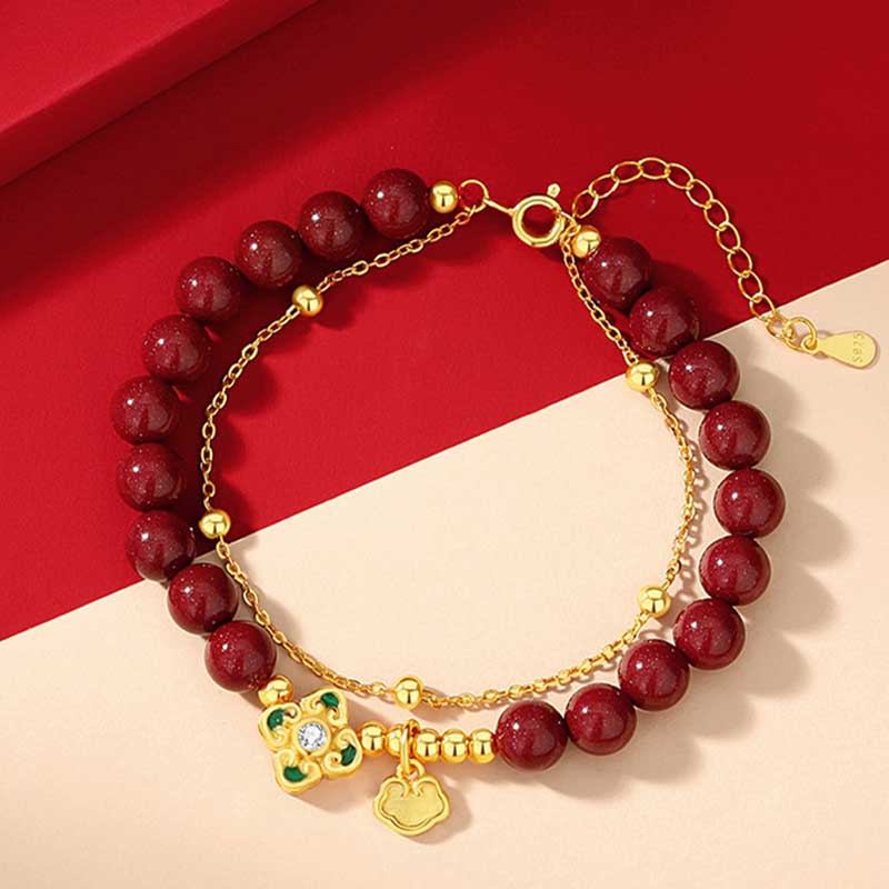 Buddha Stones 925 Sterling Silver Natural Cinnabar Four Leaf Clover Flower Blessing Chain Bracelet - image 3