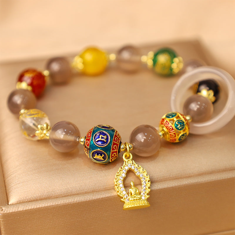 Buddha Stones Natural Gray Agate Five Directions Gods of Wealth Om Mani Padme Hum Buddha Charm Bracelet - Gray Agate(Focus♥Positivity)(Wrist Circumference 14-16cm) - image 0