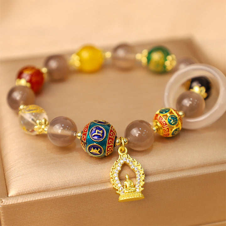 Buddha Stones Natural Gray Agate Five Directions Gods of Wealth Om Mani Padme Hum Buddha Charm Bracelet - Gray Agate(Focus♥Positivity)(Wrist Circumference 14-16cm) - image 0