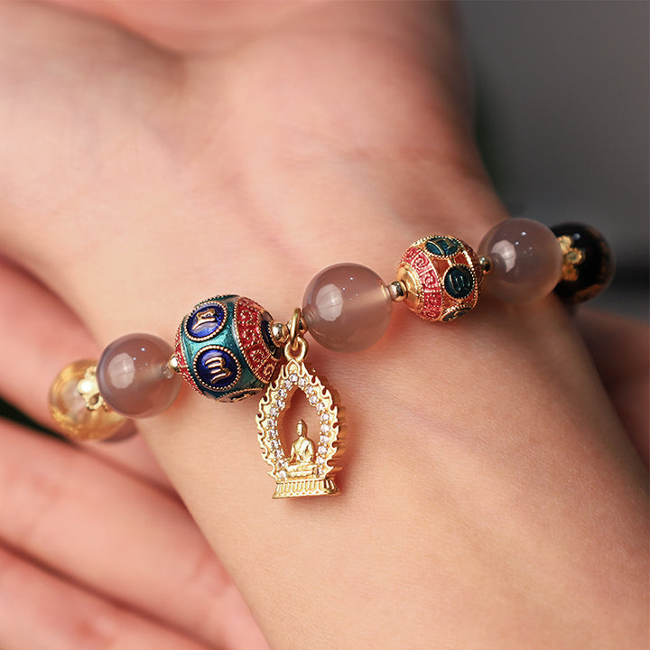 Buddha Stones Natural Gray Agate Five Directions Gods of Wealth Om Mani Padme Hum Buddha Charm Bracelet - image 2