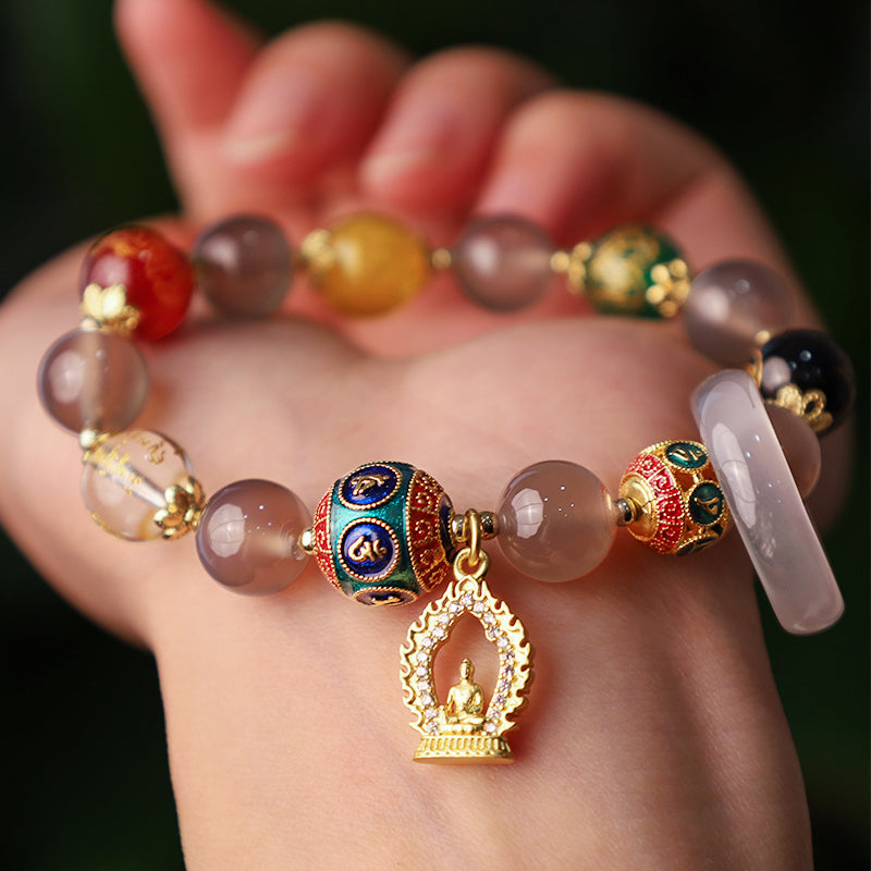 Buddha Stones Natural Gray Agate Five Directions Gods of Wealth Om Mani Padme Hum Buddha Charm Bracelet - image 3