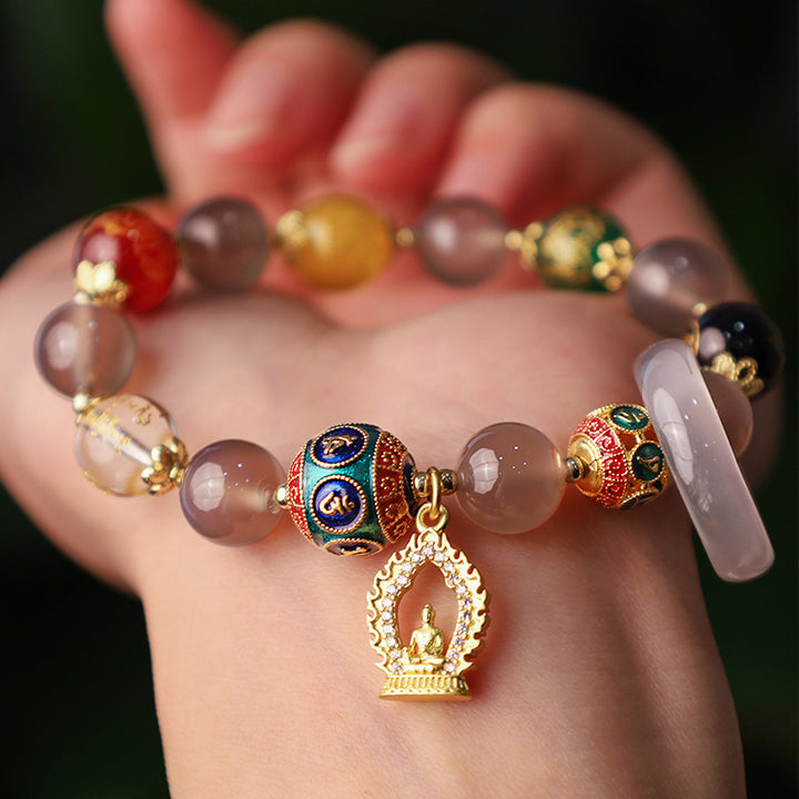Buddha Stones Natural Gray Agate Five Directions Gods of Wealth Om Mani Padme Hum Buddha Charm Bracelet - image 3