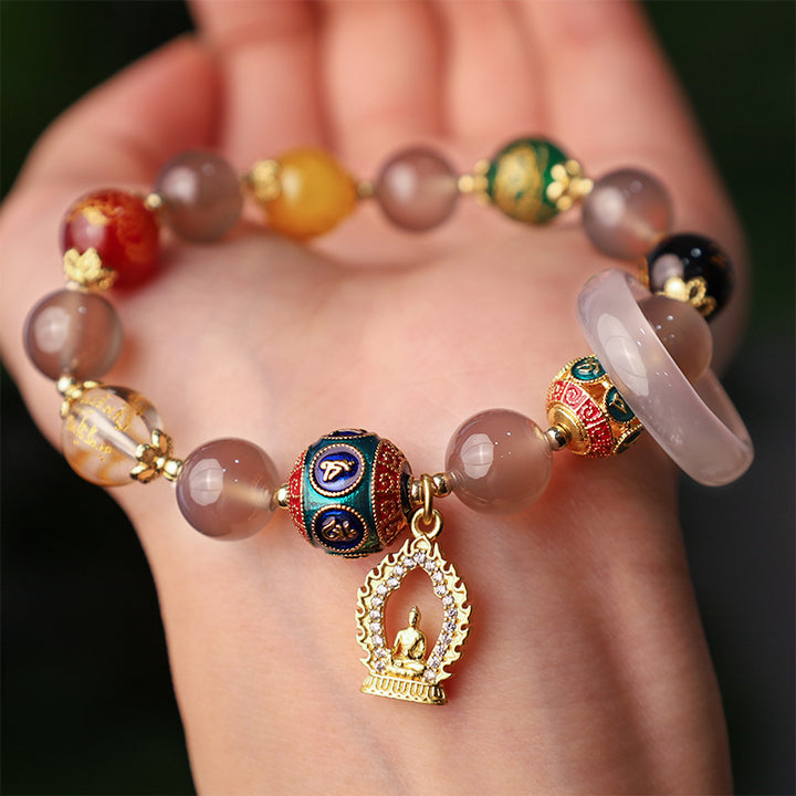 Buddha Stones Natural Gray Agate Five Directions Gods of Wealth Om Mani Padme Hum Buddha Charm Bracelet - image 4
