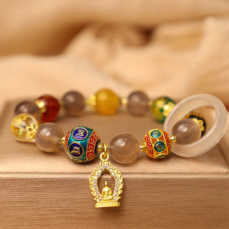 Buddha Stones Natural Gray Agate Five Directions Gods of Wealth Om Mani Padme Hum Buddha Charm Bracelet - image 1