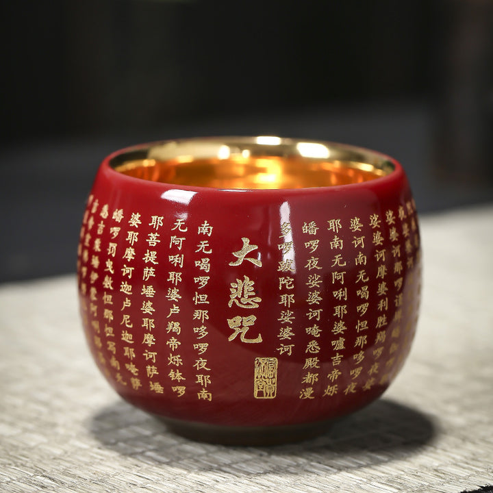 Buddha Stones Heart Sutra Great Compassion Mantra Engraved Ceramic Teacup Kung Fu Tea Cup - Red Great Compassion Mantra - 8.5cm*6.7cm*170ml - image 12