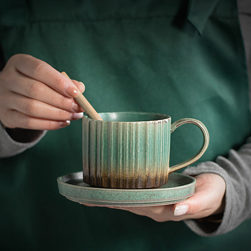Buddha Stones Retro Striped Kiln Change Ceramic Coffee Mug Rough Pottery Tea Coffee Cup With Saucer 250ml - image 4