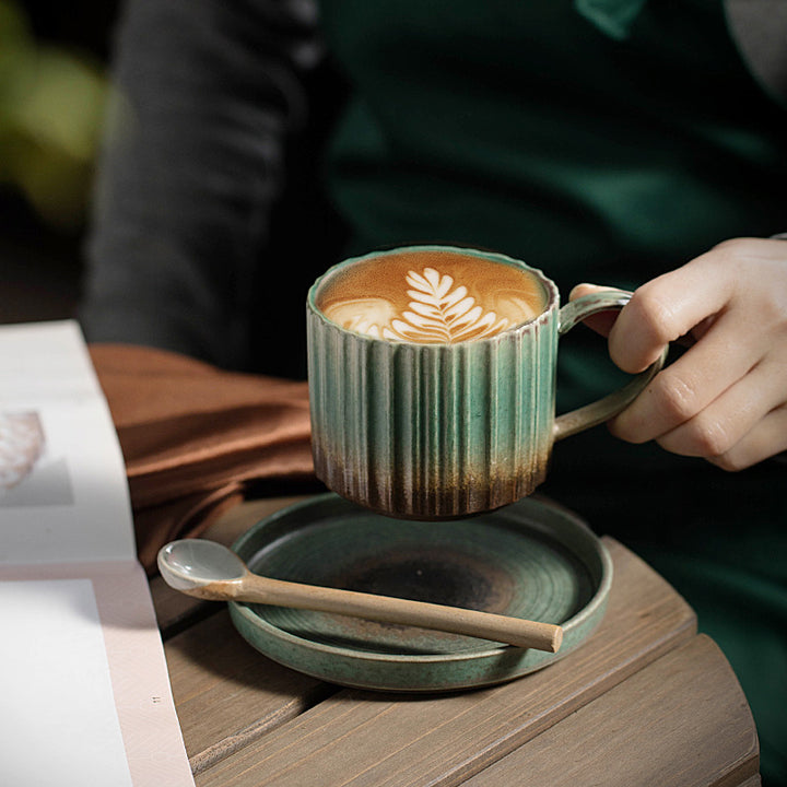 Buddha Stones Retro Striped Kiln Change Ceramic Coffee Mug Rough Pottery Tea Coffee Cup With Saucer 250ml - image 3