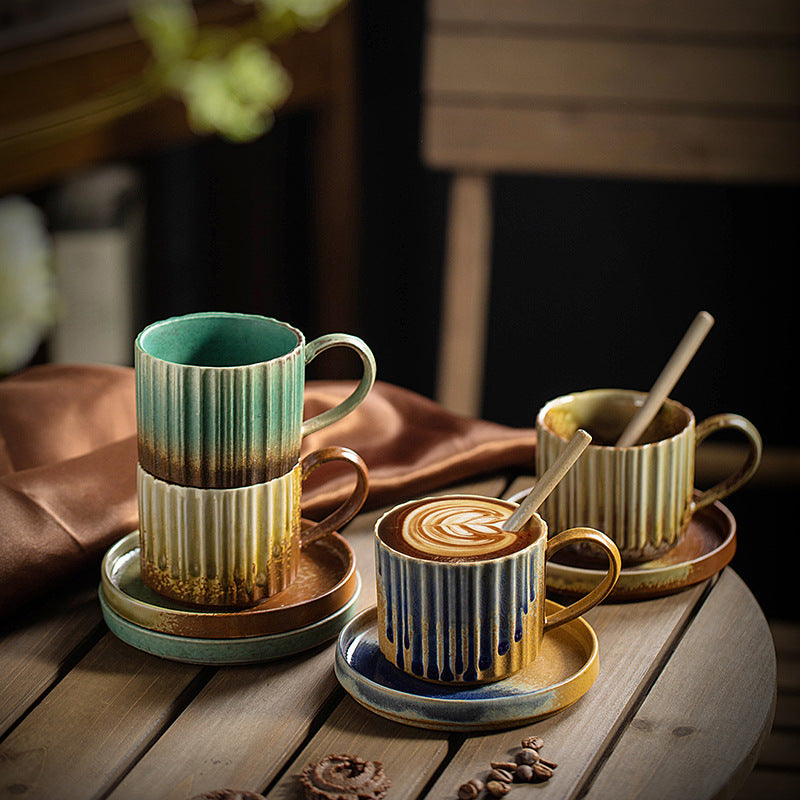 Buddha Stones Retro Striped Kiln Change Ceramic Coffee Mug Rough Pottery Tea Coffee Cup With Saucer 250ml - image 0