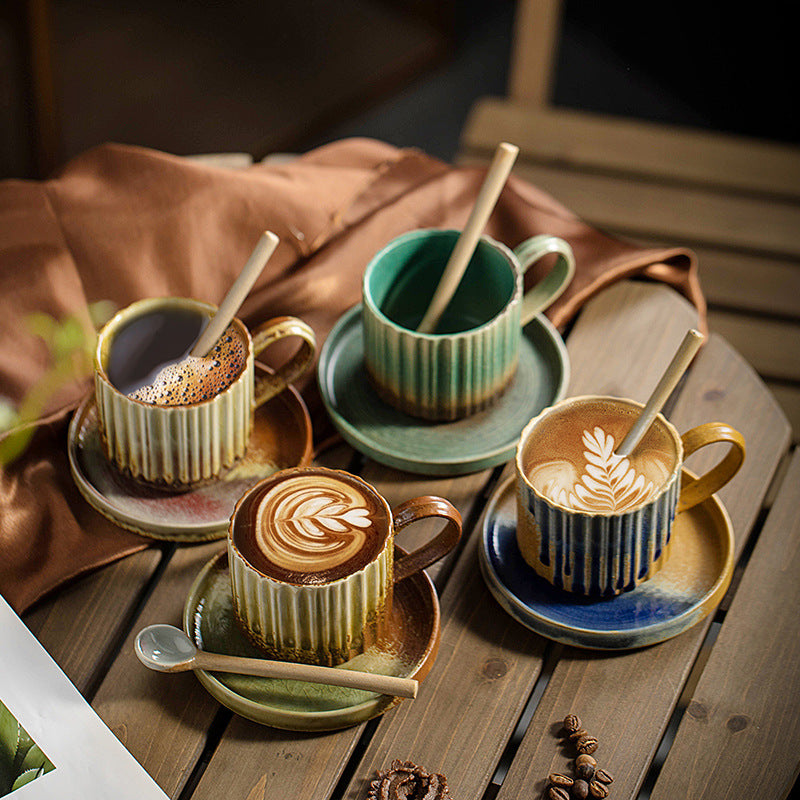 Buddha Stones Retro Striped Kiln Change Ceramic Coffee Mug Rough Pottery Tea Coffee Cup With Saucer 250ml - image 1