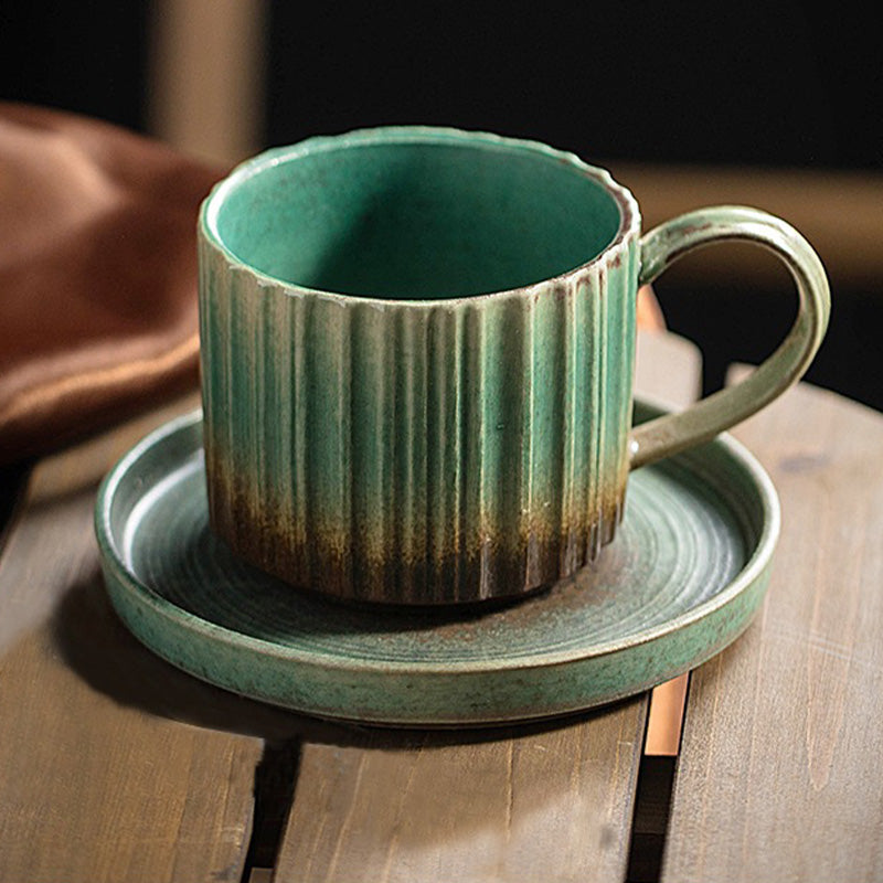 Buddha Stones Retro Striped Kiln Change Ceramic Coffee Mug Rough Pottery Tea Coffee Cup With Saucer 250ml - Green 12cm*8.5cm*7cm*250ml - image 2
