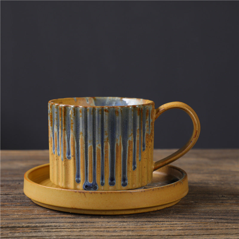 Buddha Stones Retro Striped Kiln Change Ceramic Coffee Mug Rough Pottery Tea Coffee Cup With Saucer 250ml - Yellow Blue 12cm*8.5cm*7cm*250ml - image 7