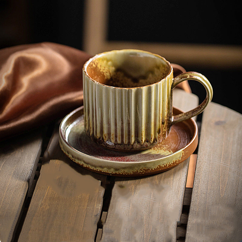 Buddha Stones Retro Striped Kiln Change Ceramic Coffee Mug Rough Pottery Tea Coffee Cup With Saucer 250ml - Khaki Yellow 12cm*8.5cm*7cm*250ml - image 14