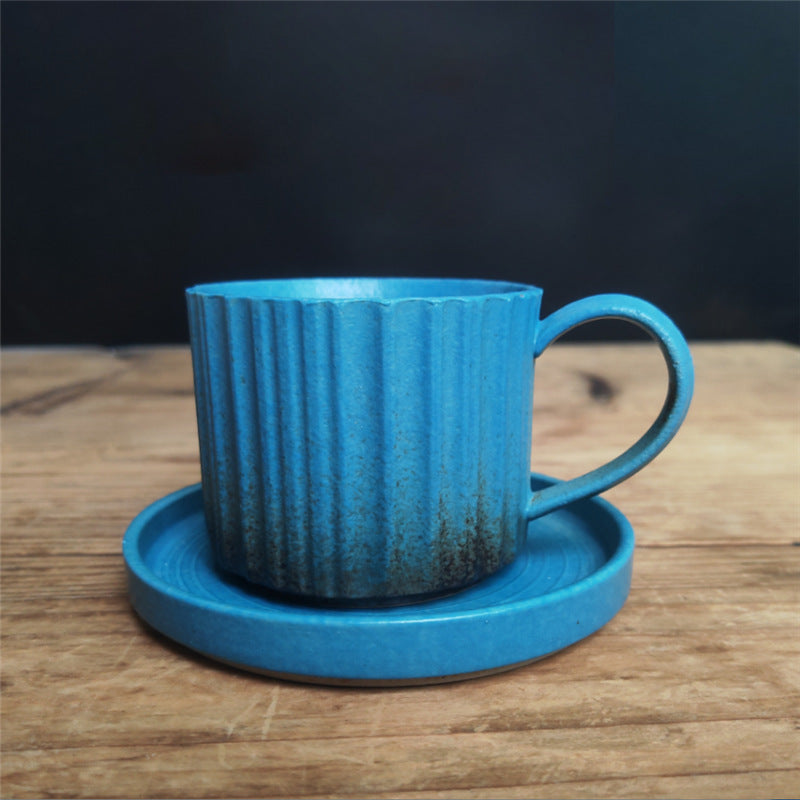 Buddha Stones Retro Striped Kiln Change Ceramic Coffee Mug Rough Pottery Tea Coffee Cup With Saucer 250ml - Blue 12cm*8.5cm*7cm*250ml - image 16
