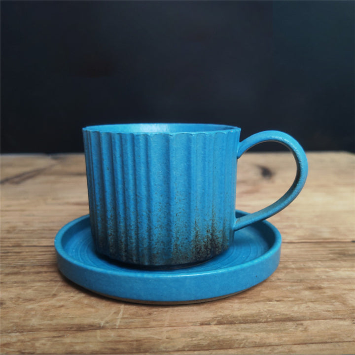 Buddha Stones Retro Striped Kiln Change Ceramic Coffee Mug Rough Pottery Tea Coffee Cup With Saucer 250ml - Blue 12cm*8.5cm*7cm*250ml - image 16