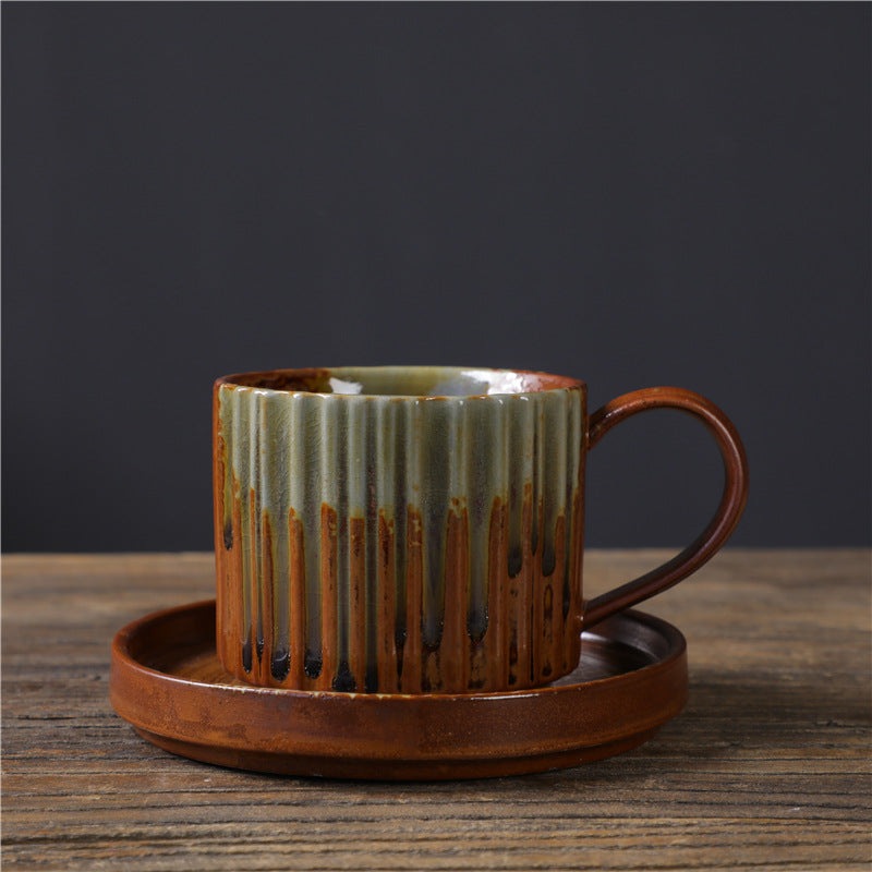 Buddha Stones Retro Striped Kiln Change Ceramic Coffee Mug Rough Pottery Tea Coffee Cup With Saucer 250ml - Green Brown 12cm*8.5cm*7cm*250ml - image 6