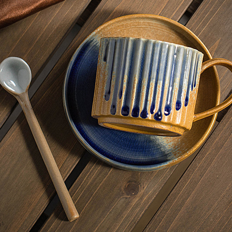 Buddha Stones Retro Striped Kiln Change Ceramic Coffee Mug Rough Pottery Tea Coffee Cup With Saucer 250ml - image 9