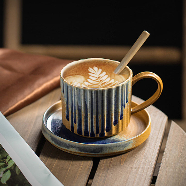Buddha Stones Retro Striped Kiln Change Ceramic Coffee Mug Rough Pottery Tea Coffee Cup With Saucer 250ml - image 8