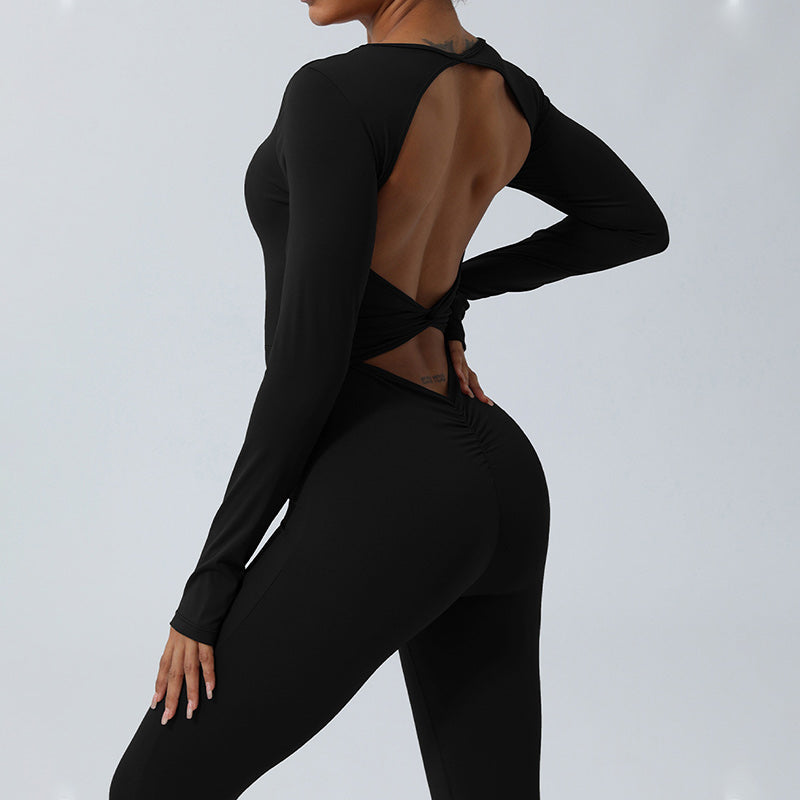 Buddha Stones Women Long Sleeve Backless Jumpsuit Sports Fitness Yoga Bodysuit - image 23